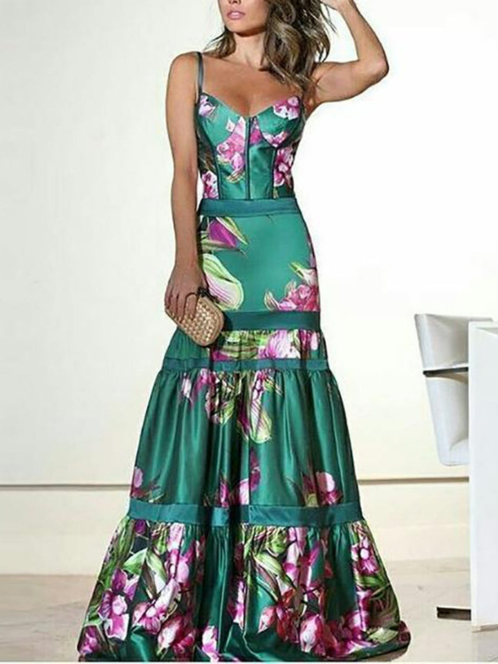 Satin suspender printed panel maxi dress