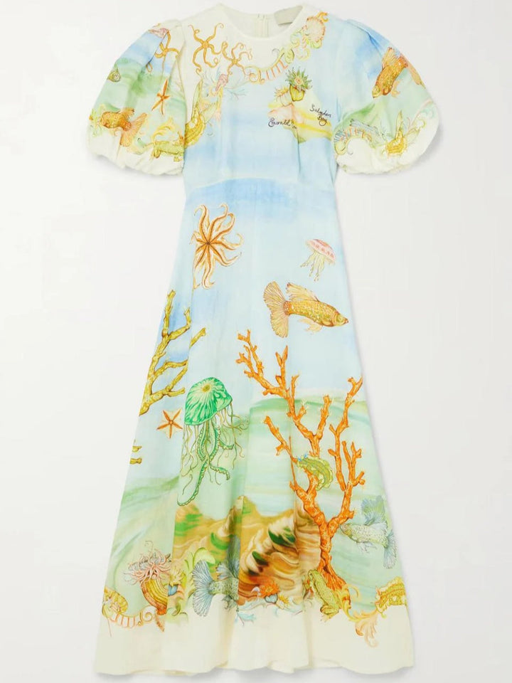 Gathered Printed Linen-Gauze Midi Dres