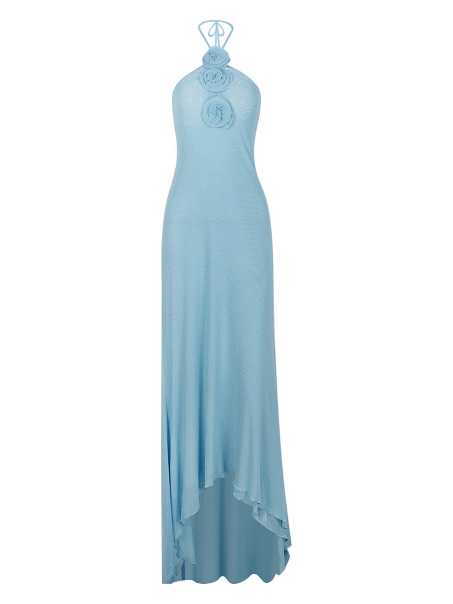 Mesh halterneck floral backless maxi dress