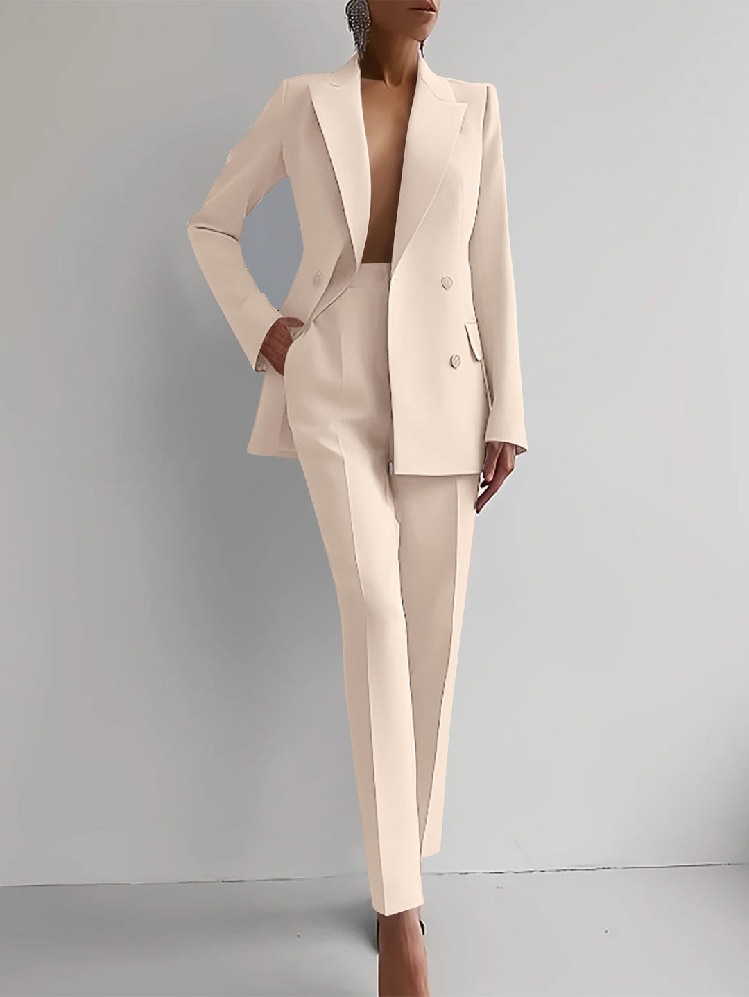 Casual Commuting Solid Color Blazer & High Waist Pants Set