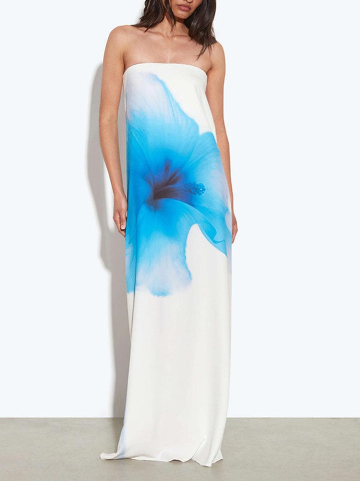 Printed tube top open back high waist dress