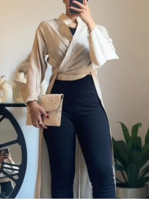 Satin stand-up collar and paneled back hem shirt