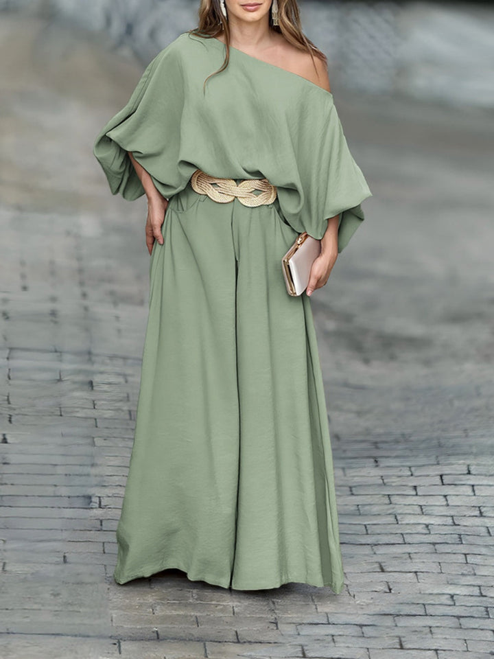 Off-shoulder lantern sleeve loose top and pants set