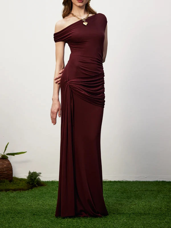 Burgundy solid tight fishtail maxi dress