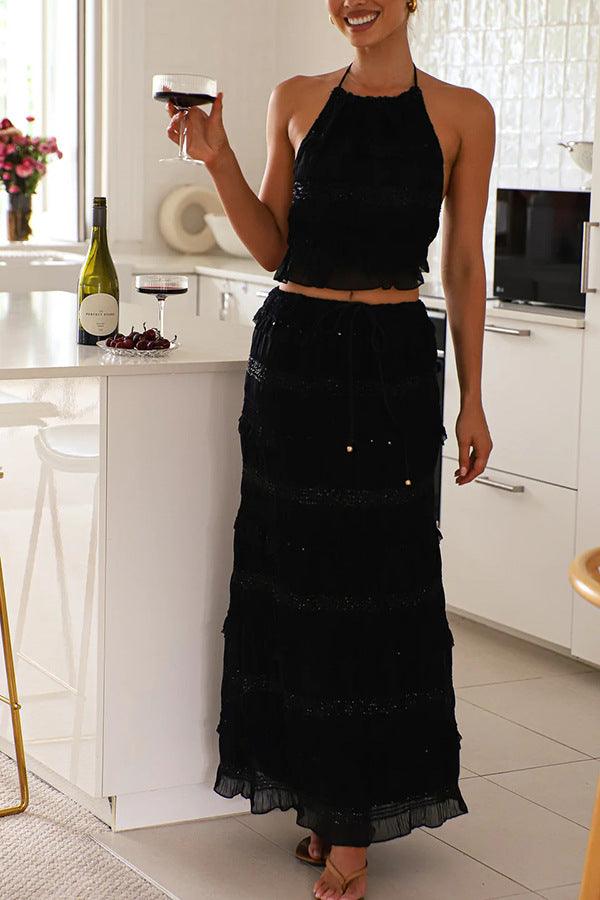 Sleeveless chiffon elastic waist two piece suit