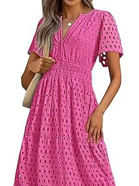 Cotton Casual Short Sleeve Hollow Pocket Midi Dress