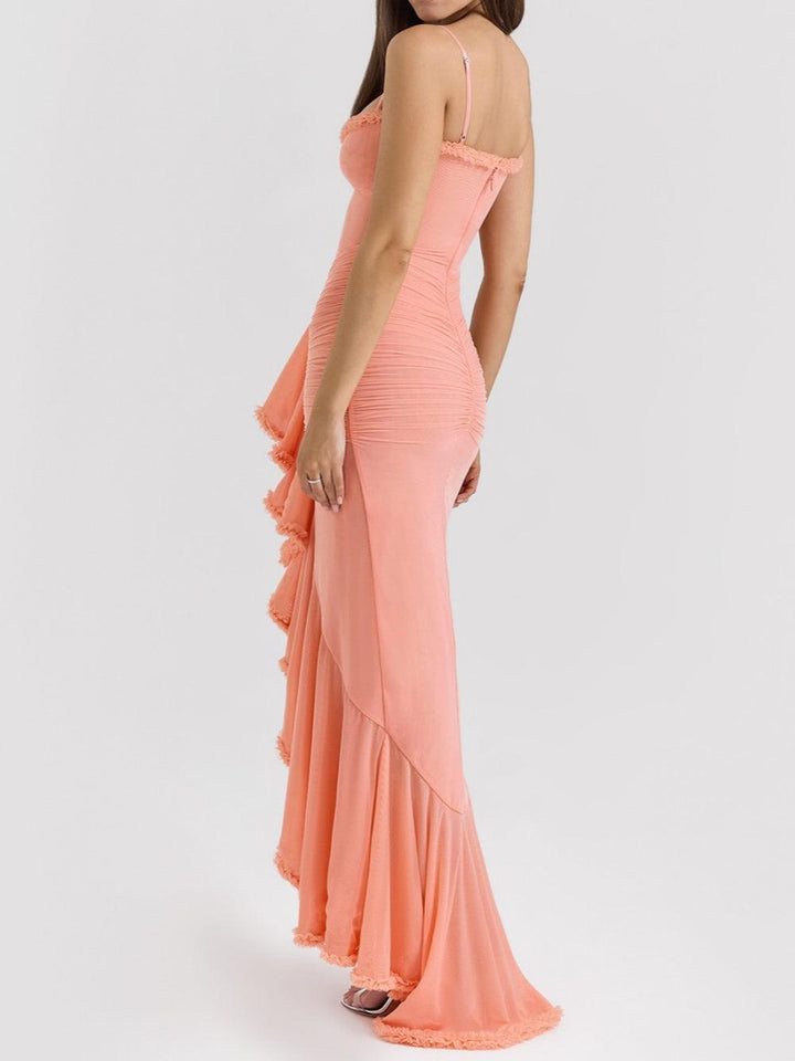 Off-the-shoulder mesh maxi dress