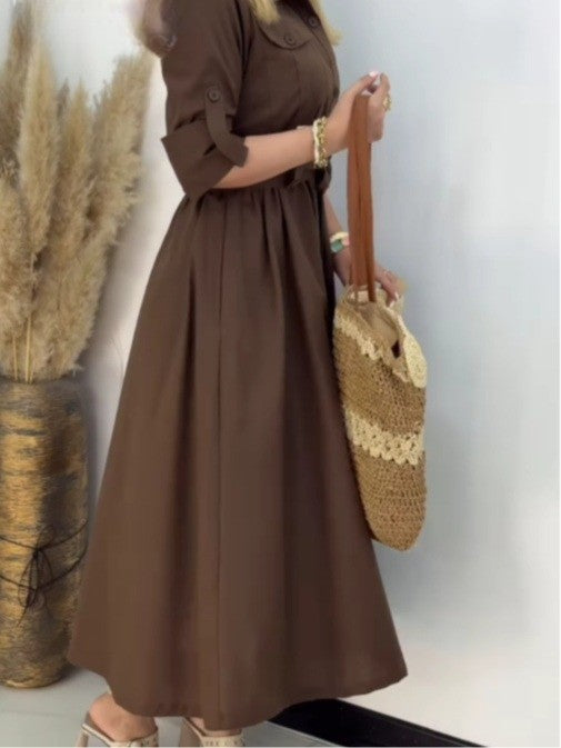 Brown Lapel Button-Down Shirt Dress