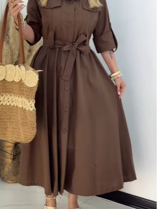 Brown Lapel Button-Down Shirt Dress