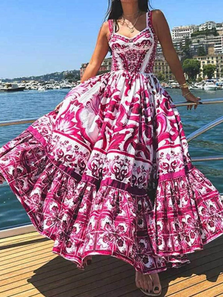 Printed Shirred Strap Maxi Dress