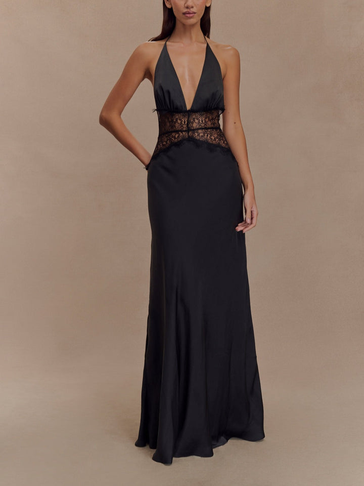 Deep V silk satin maxi dress with halterneck