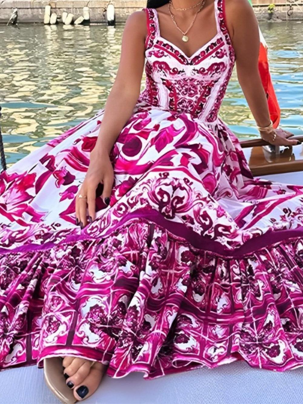 Printed Shirred Strap Maxi Dress