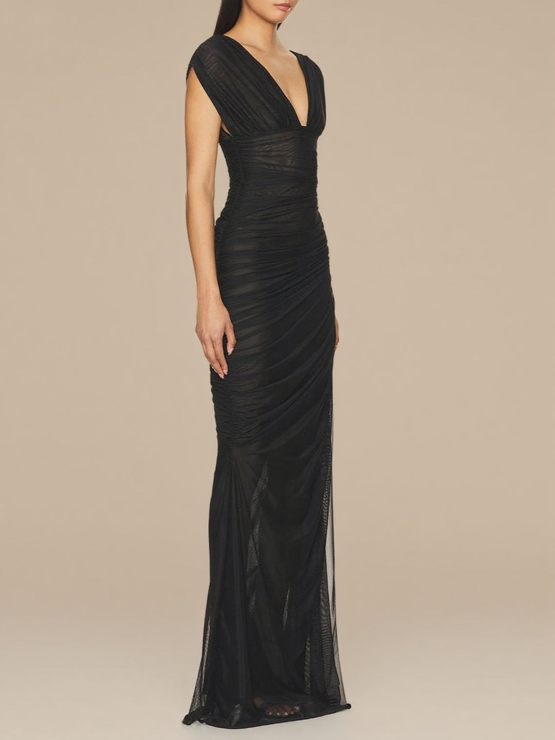 Black V-neck Pleated Mesh Slim Dress