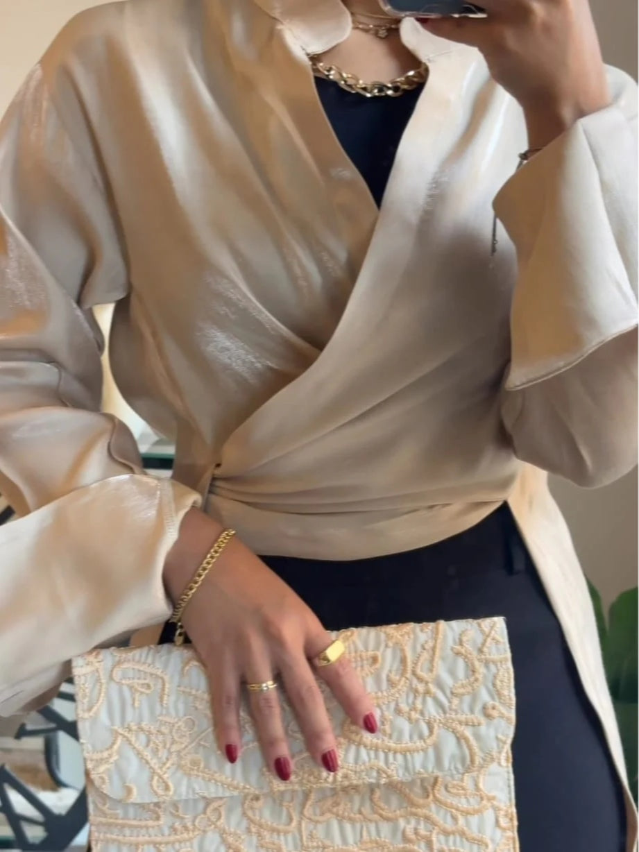 Satin stand-up collar and paneled back hem shirt