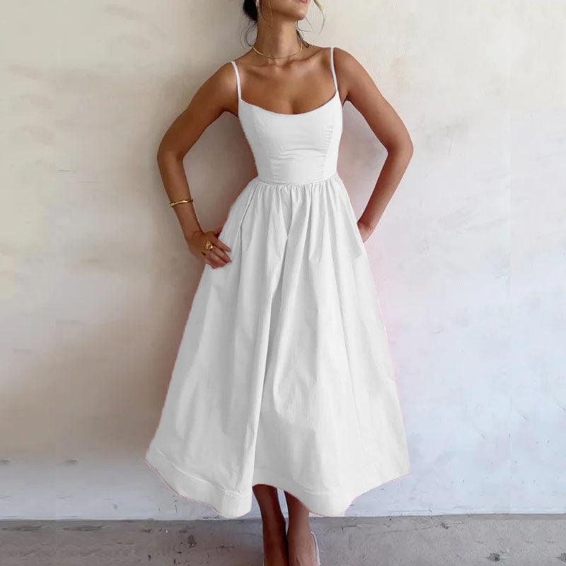Pure Color Pleated Waist and Large Swing Sexy Suspender Dress