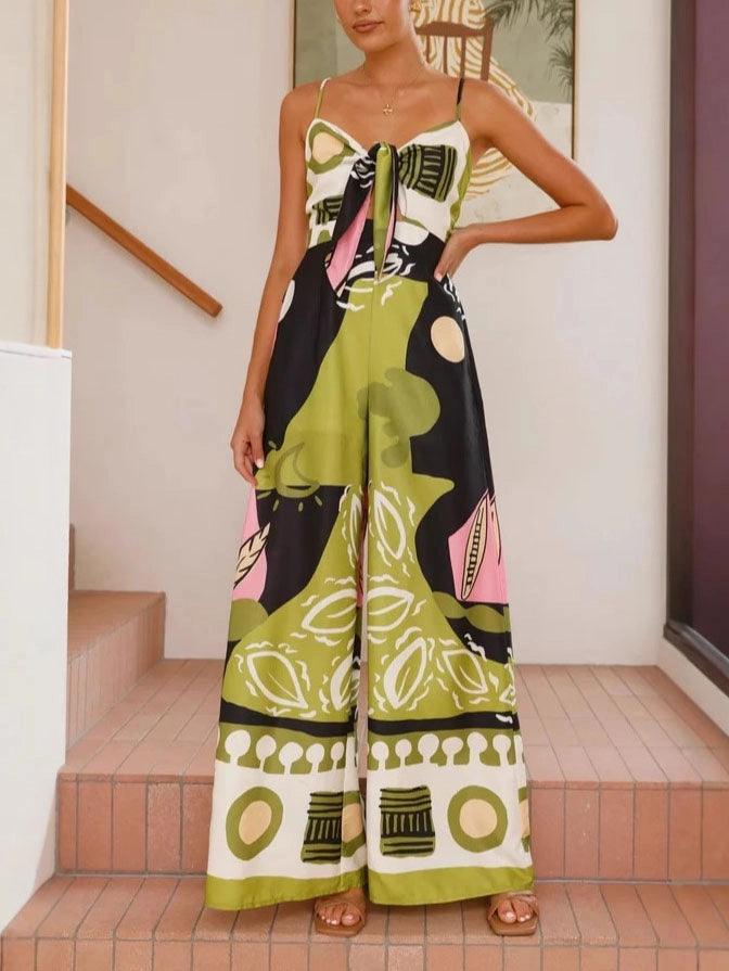 Printed waist-hugging elegant suspender wide-leg straight jumpsuit