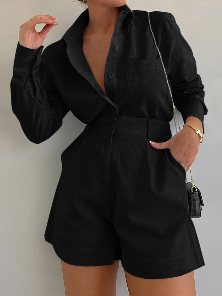 Cotton and Linen Long Sleeve Loose Shorts Set