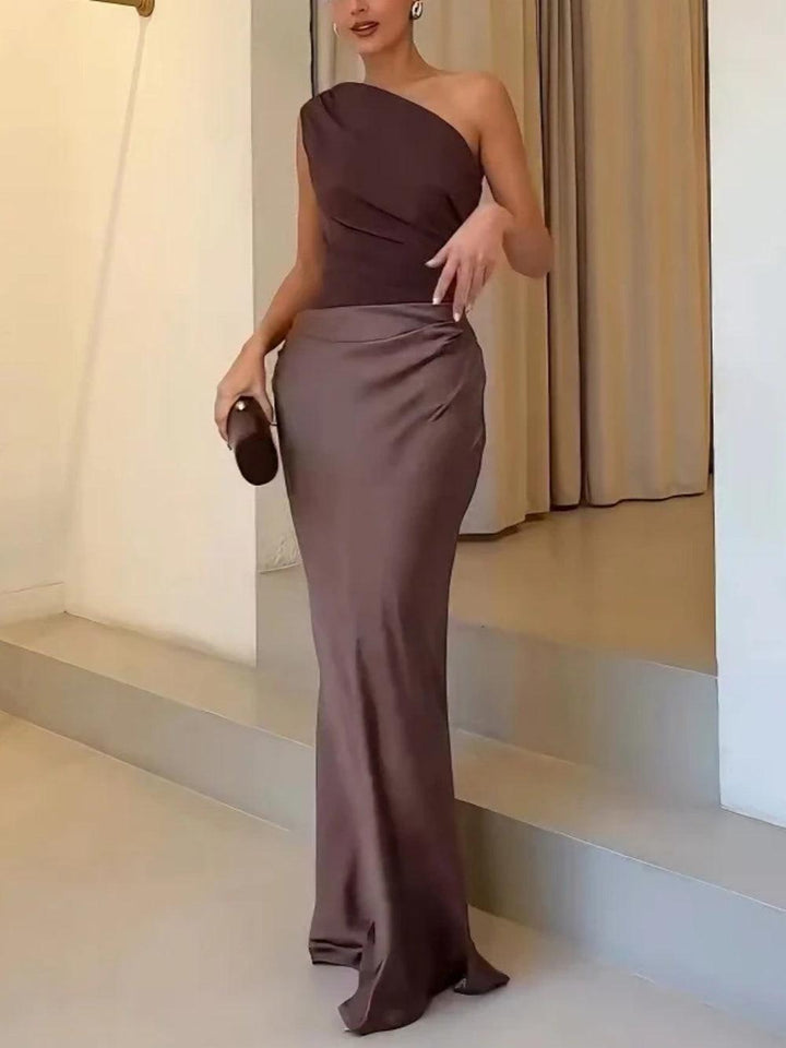One Shoulder Neck Pleated Party Maxi Dress