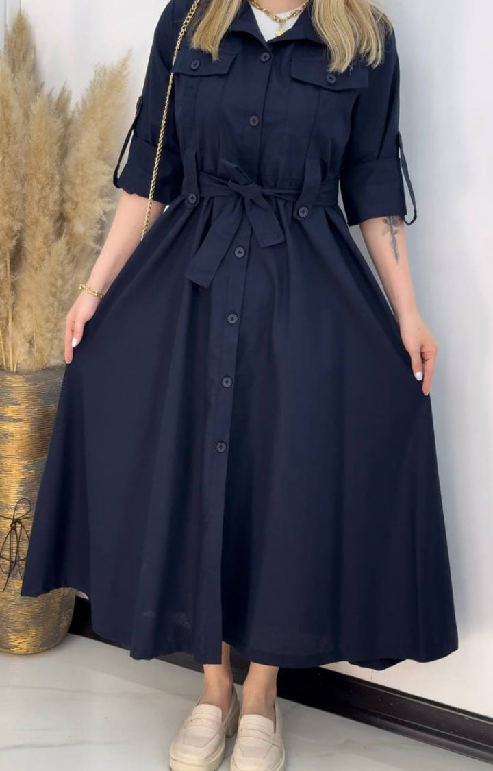 Brown Lapel Button-Down Shirt Dress