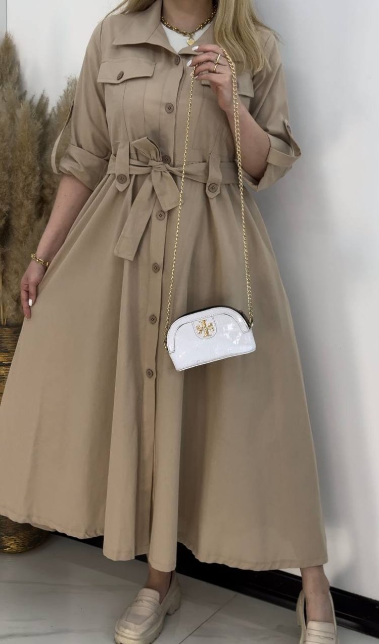 Brown Lapel Button-Down Shirt Dress