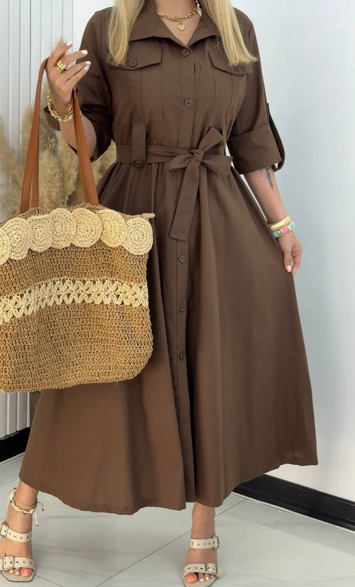 Brown Lapel Button-Down Shirt Dress