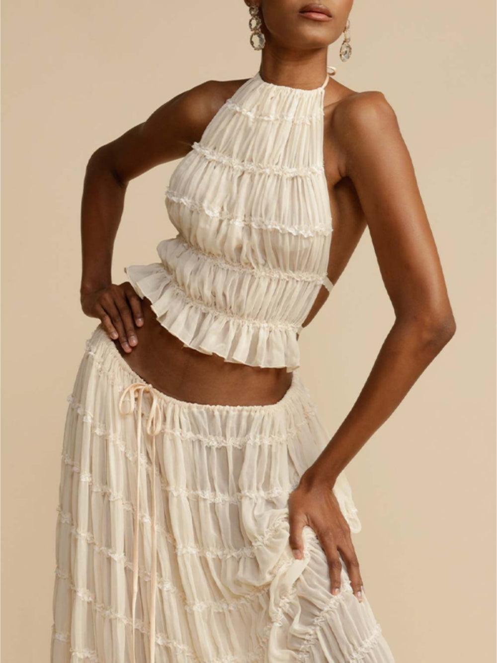 Pleated Drawstring Charm Waist Tiered Maxi Skirt Suit