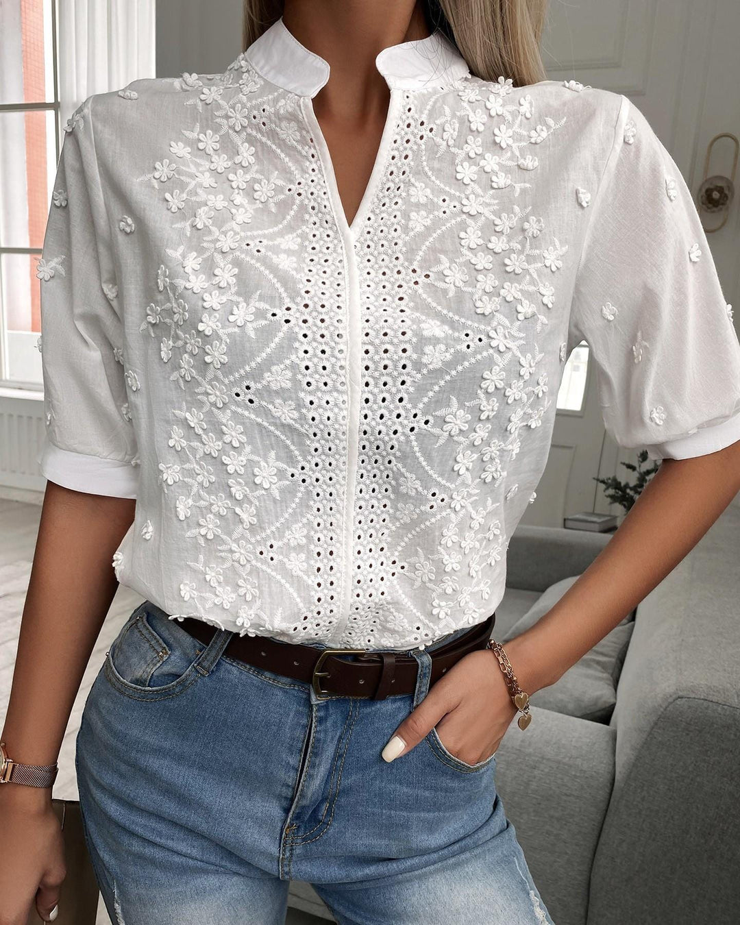 Enid Embroidered Button-Front Blouse