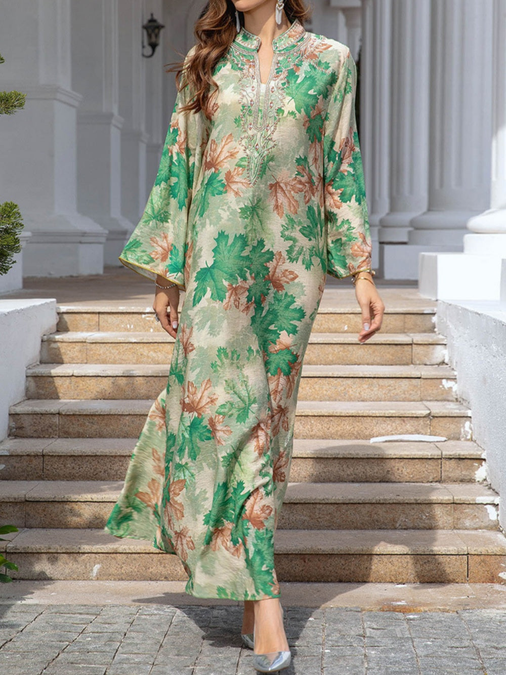 Maple Leaf Print Maxi Dress Robe