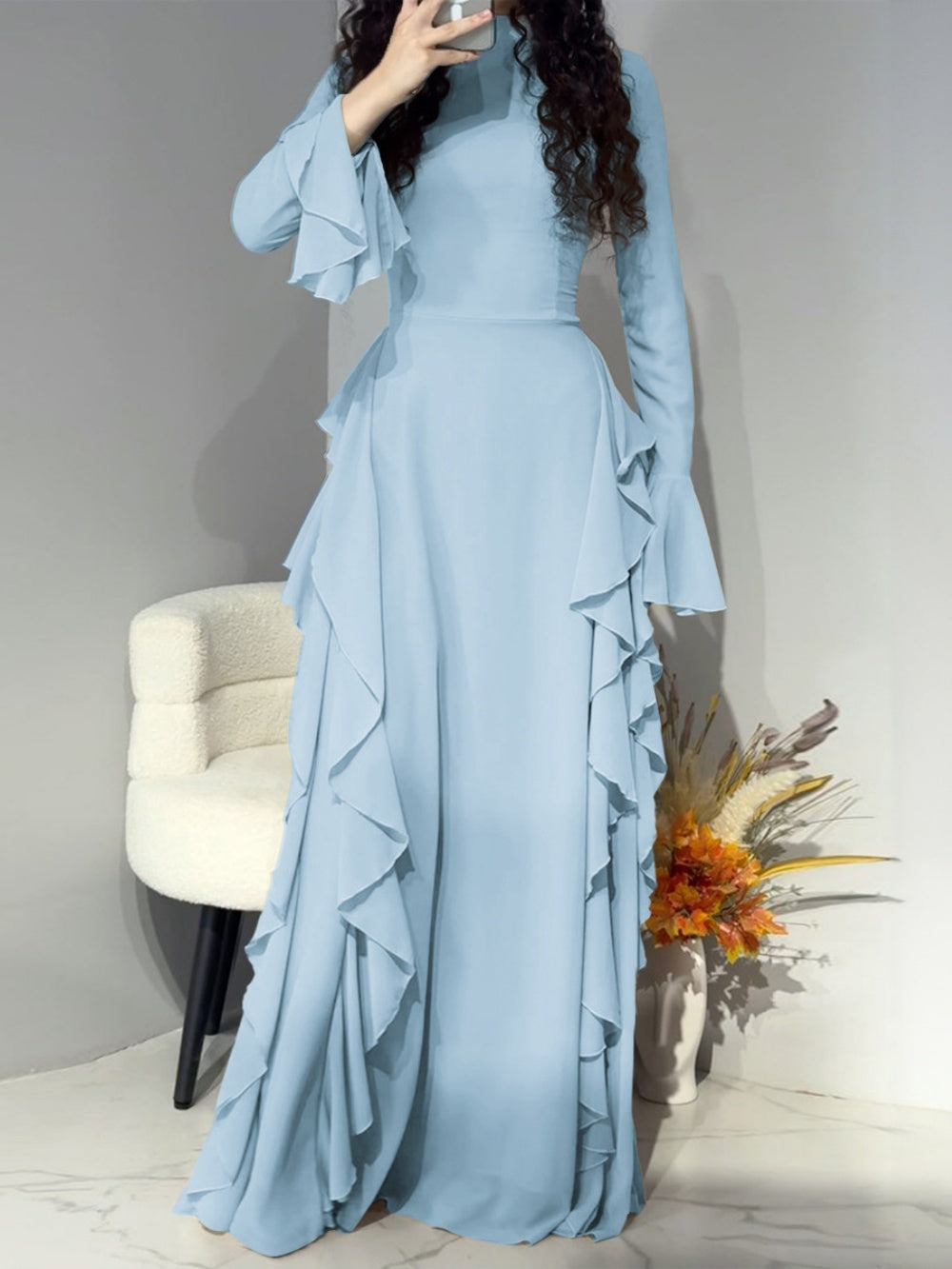 Elegant high waist trumpet sleeve dress