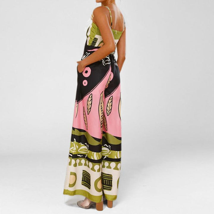 Printed waist-hugging elegant suspender wide-leg straight jumpsuit