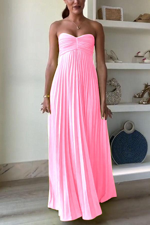 Solid color tube top pleated ribbon dress