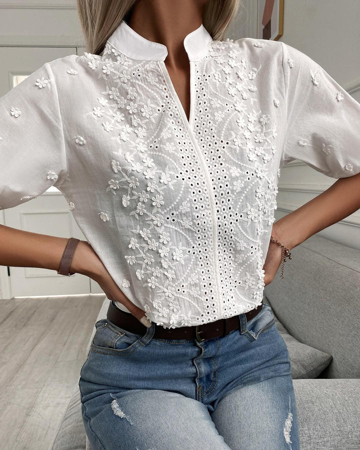 Enid Embroidered Button-Front Blouse