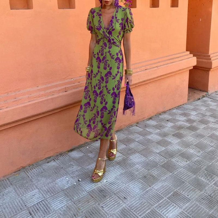 Printed long dress elegant slim v-neck short sleeve dress