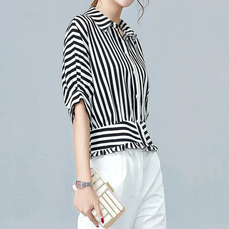 Mirelle Striped Ruffle-Trim Blouse