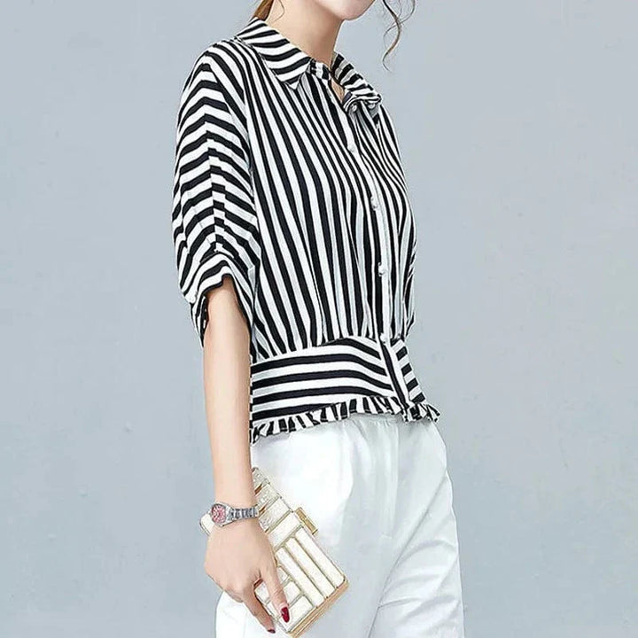 Mirelle Striped Ruffle-Trim Blouse