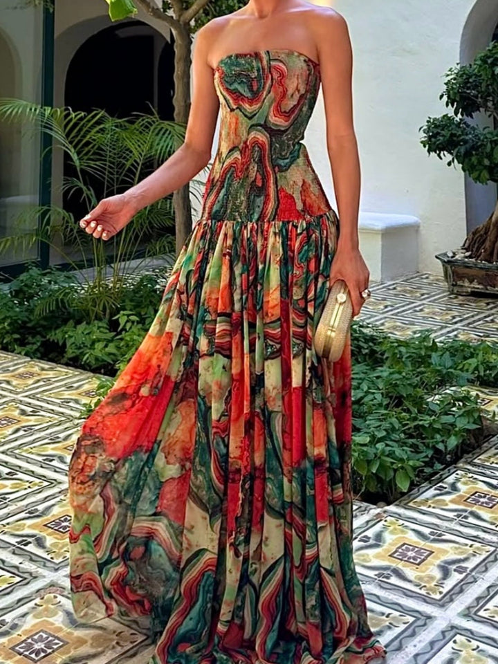 Colorful lava print off-the-shoulder pleated dress