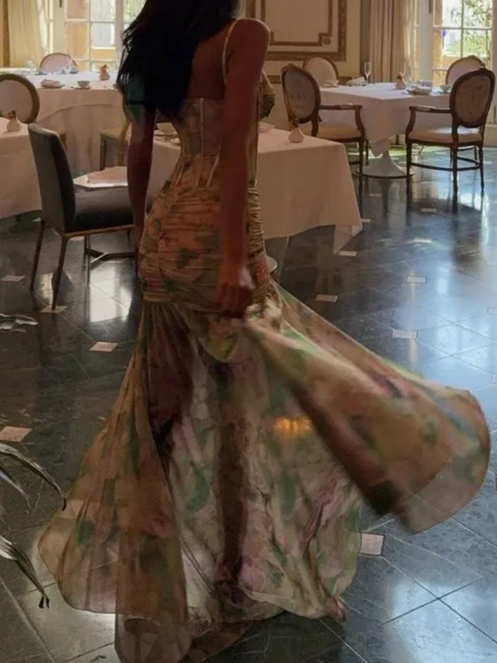 Green Floral Dress Ruffled Asymmetric Bodycon Gown