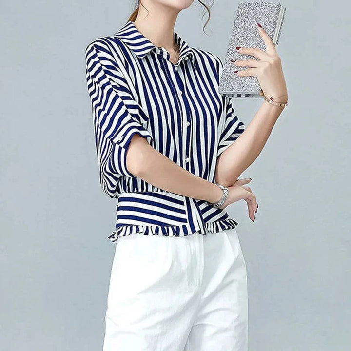 Mirelle Striped Ruffle-Trim Blouse