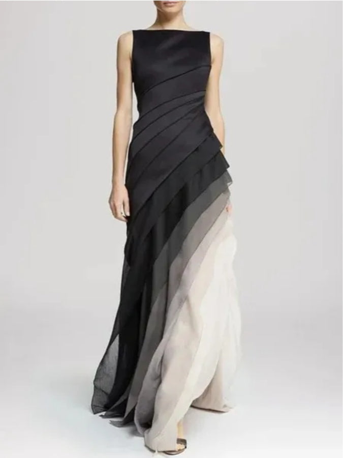 Black High Waist Tulle SleeGradientveless Maxi Dress