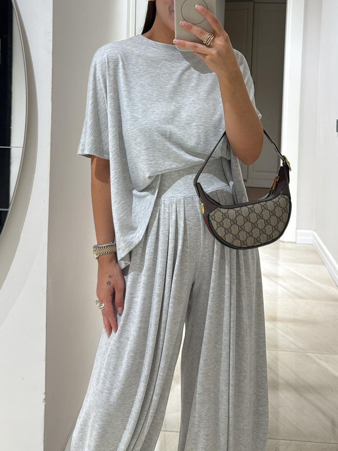 Light Grey Casual Top and Wide-leg Pants Set