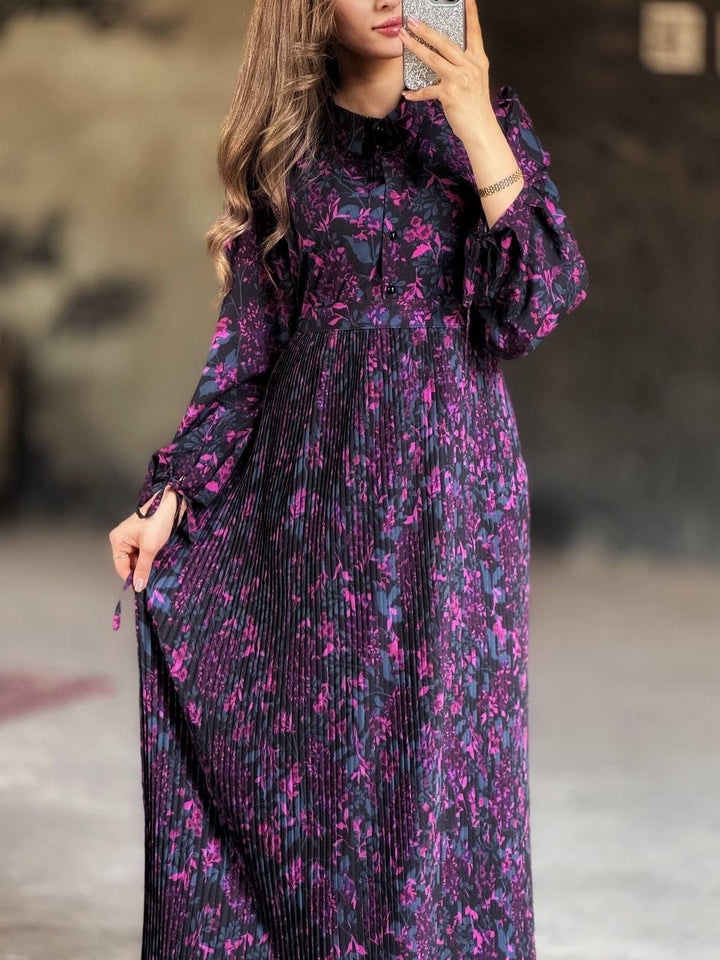 Elegant Floral Print Pleated Shirt Maxi Dress