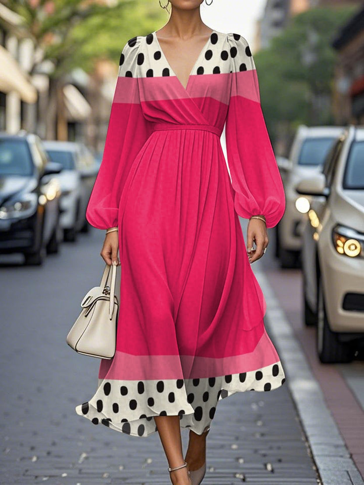 Elegant Geometric Pattern V-neck Chiffon Pleated Midi Dress