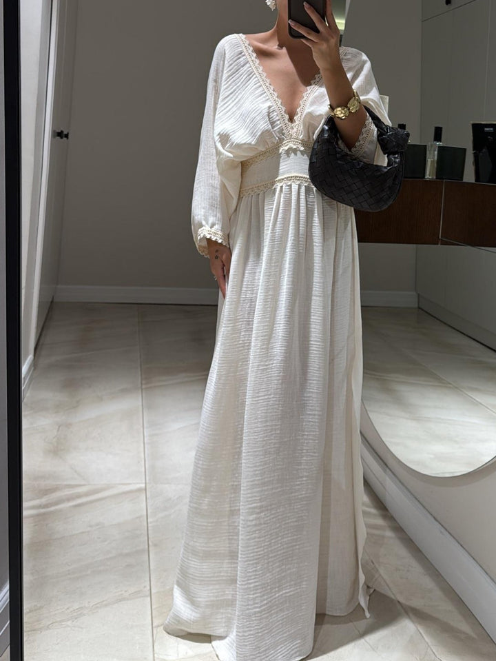 Beige Lace V-Neck Maxi Dress