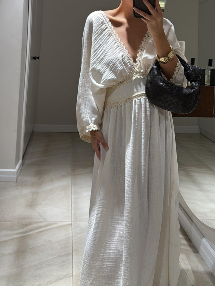 Beige Lace V-Neck Maxi Dress