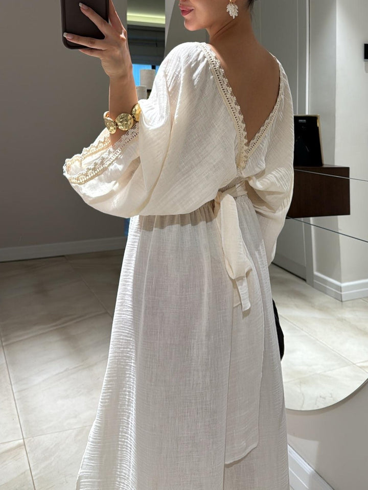 Beige Lace V-Neck Maxi Dress