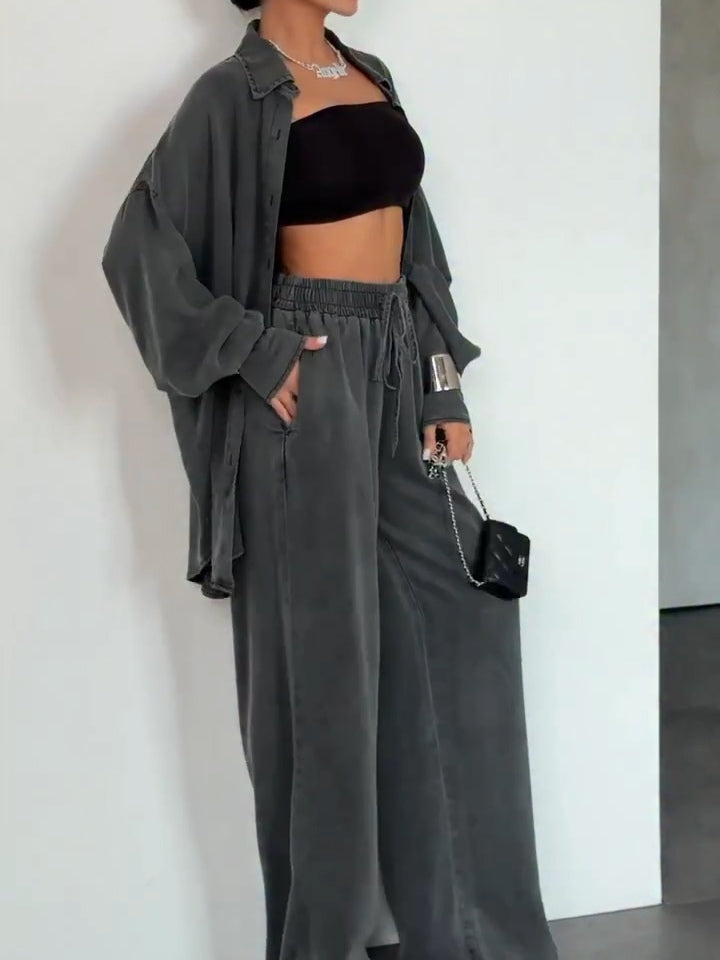 Gray Loose Shirt and Wide-leg Pants Casual Suit