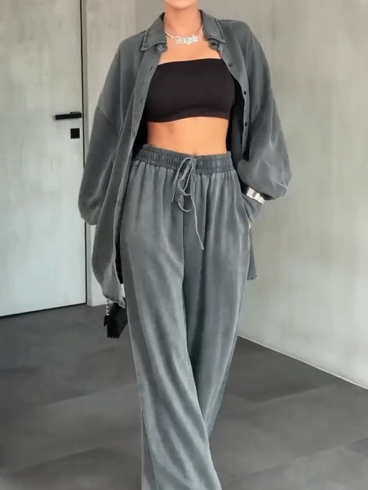 Gray Loose Shirt and Wide-leg Pants Casual Suit