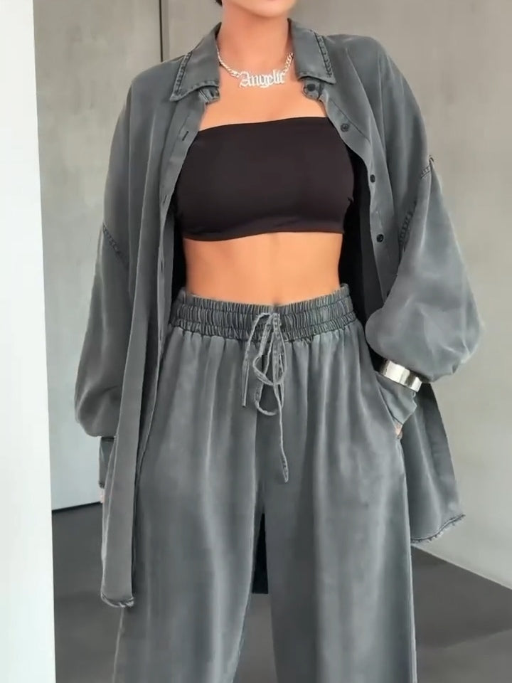 Gray Loose Shirt and Wide-leg Pants Casual Suit