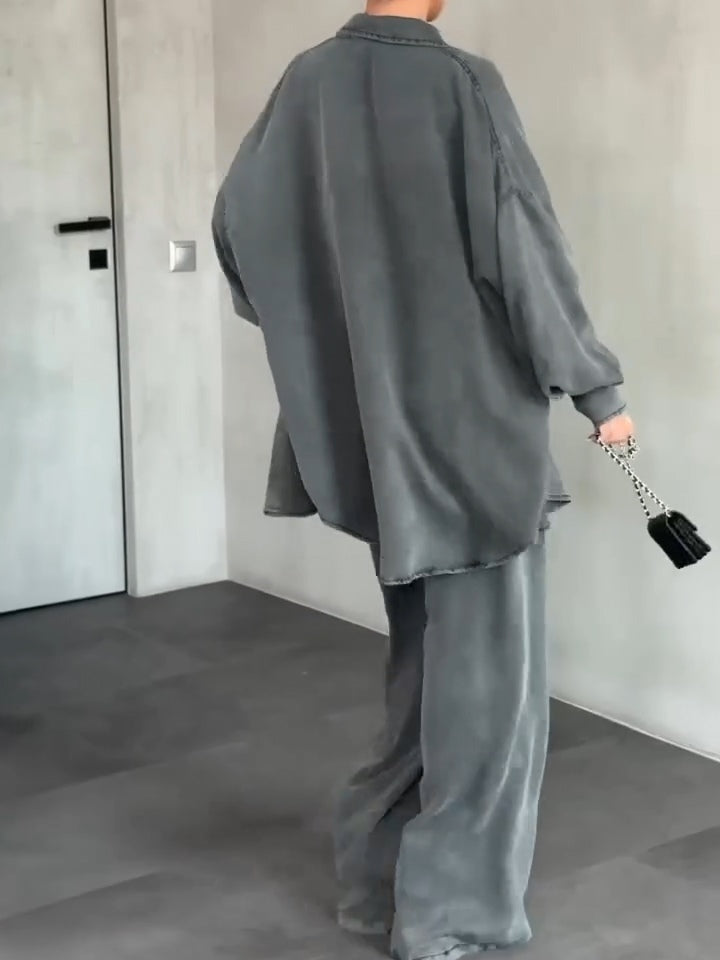 Gray Loose Shirt and Wide-leg Pants Casual Suit