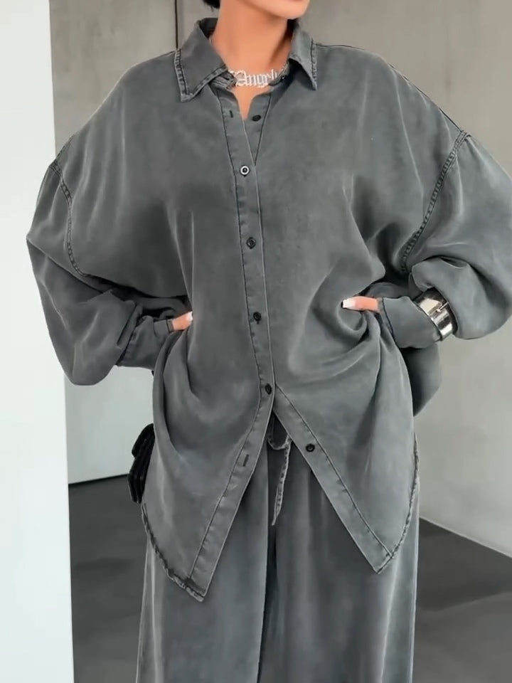 Gray Loose Shirt and Wide-leg Pants Casual Suit